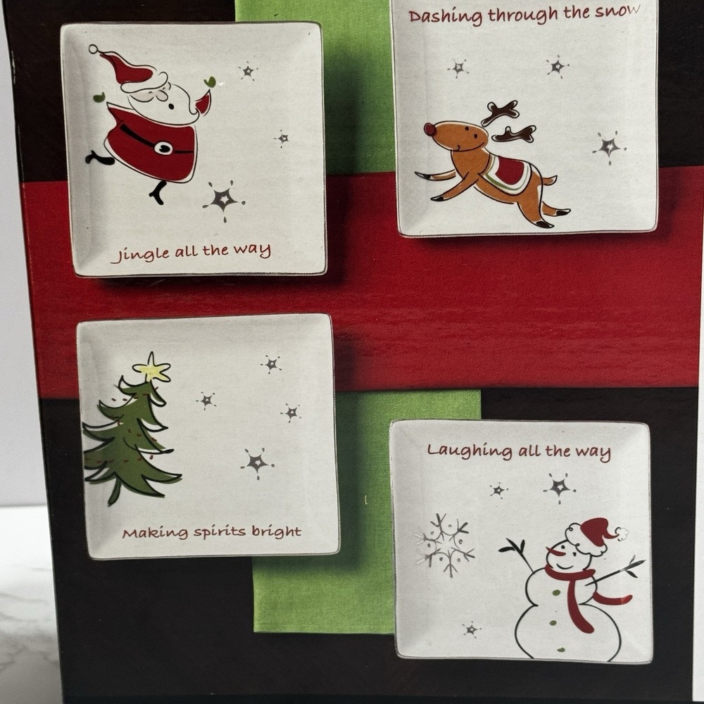 Set Of 4 Modern Jingles Salad Plate Christmas Tree Snowman Square Set 8.75"